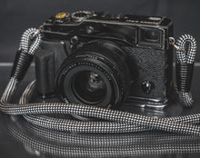 Load image into Gallery viewer, Checkered Black/Silver Acrylic Camera Strap - Hyperion Handmade Camera Straps
