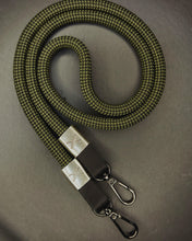 Load image into Gallery viewer, X Checkered Olive/Black Rope -Black Leather Camera Strap - Silver X - Hyperion Handmade Camera Straps