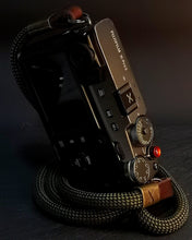 Load image into Gallery viewer, X Checkered Olive/Black Rope -Dark Brown Leather Camera Strap - Bronze X - Hyperion Handmade Camera Straps