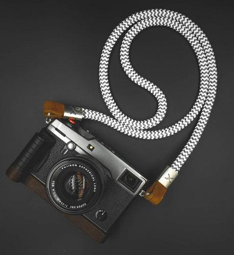 X Grey/White Rope -Cognac Leather Camera Strap - Silver X - Hyperion Handmade Camera Straps