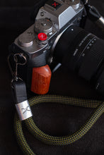 Load image into Gallery viewer, X Checkered Olive/Black Rope -Black Leather Camera Strap - Silver X

