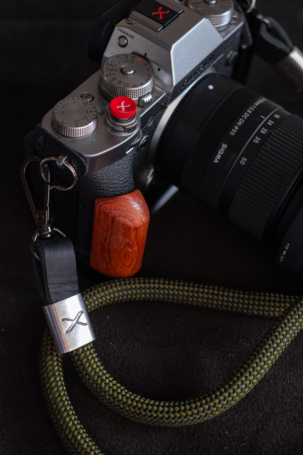 X Checkered Olive/Black Rope -Black Leather Camera Strap - Silver X