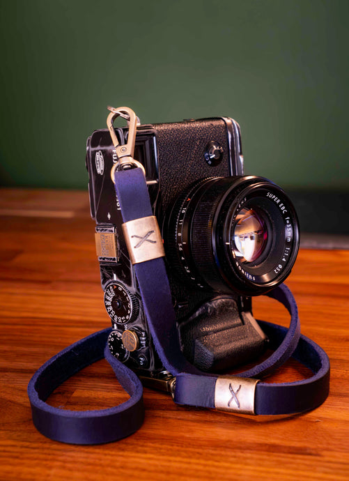 X Bronze Leather Camera Strap Dark Blue 15mm - Hyperion Handmade Camera Straps