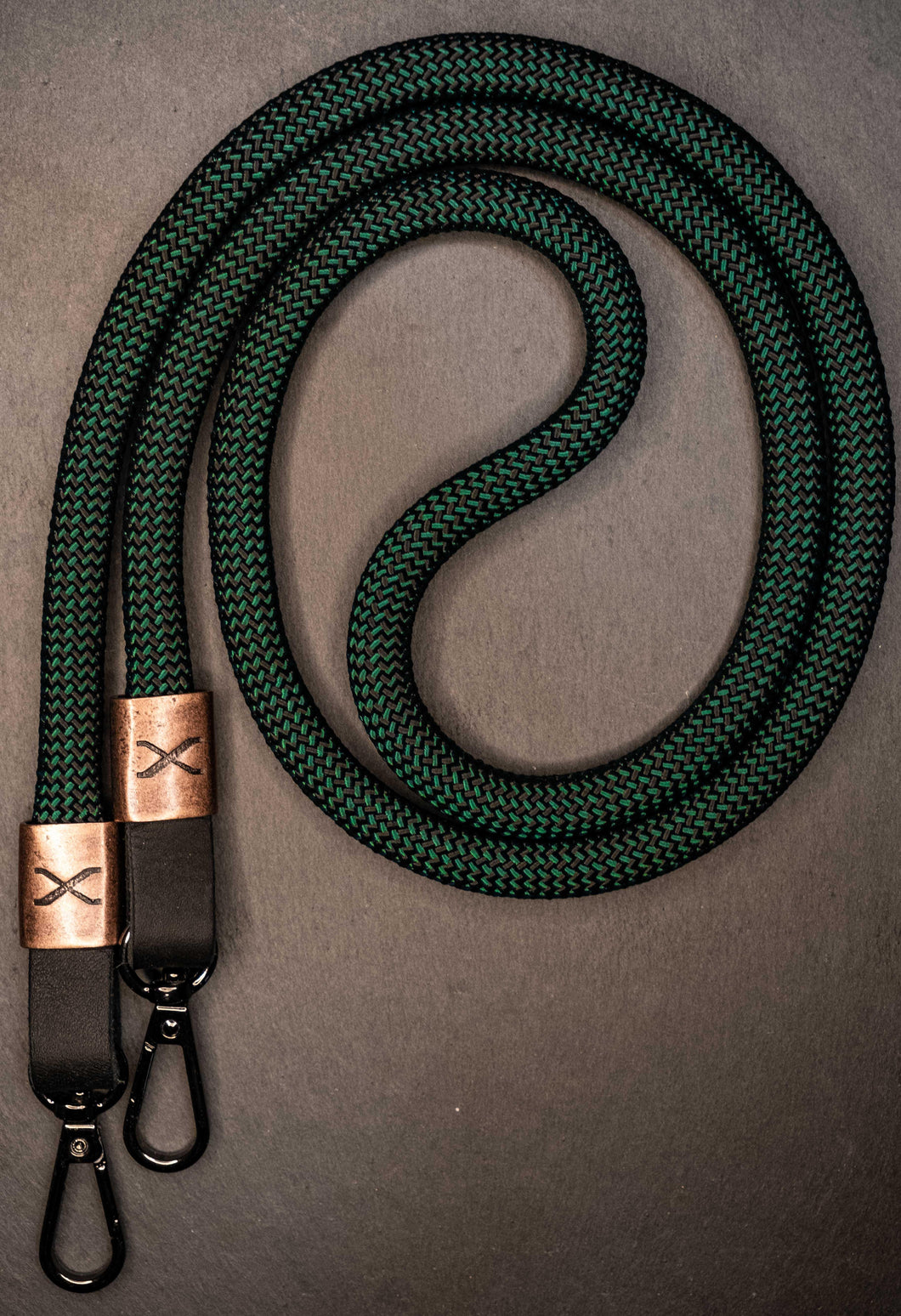 X Checkered Dark Green/Black Rope -Black Leather Camera Strap - Copper X - Hyperion Handmade Camera Straps