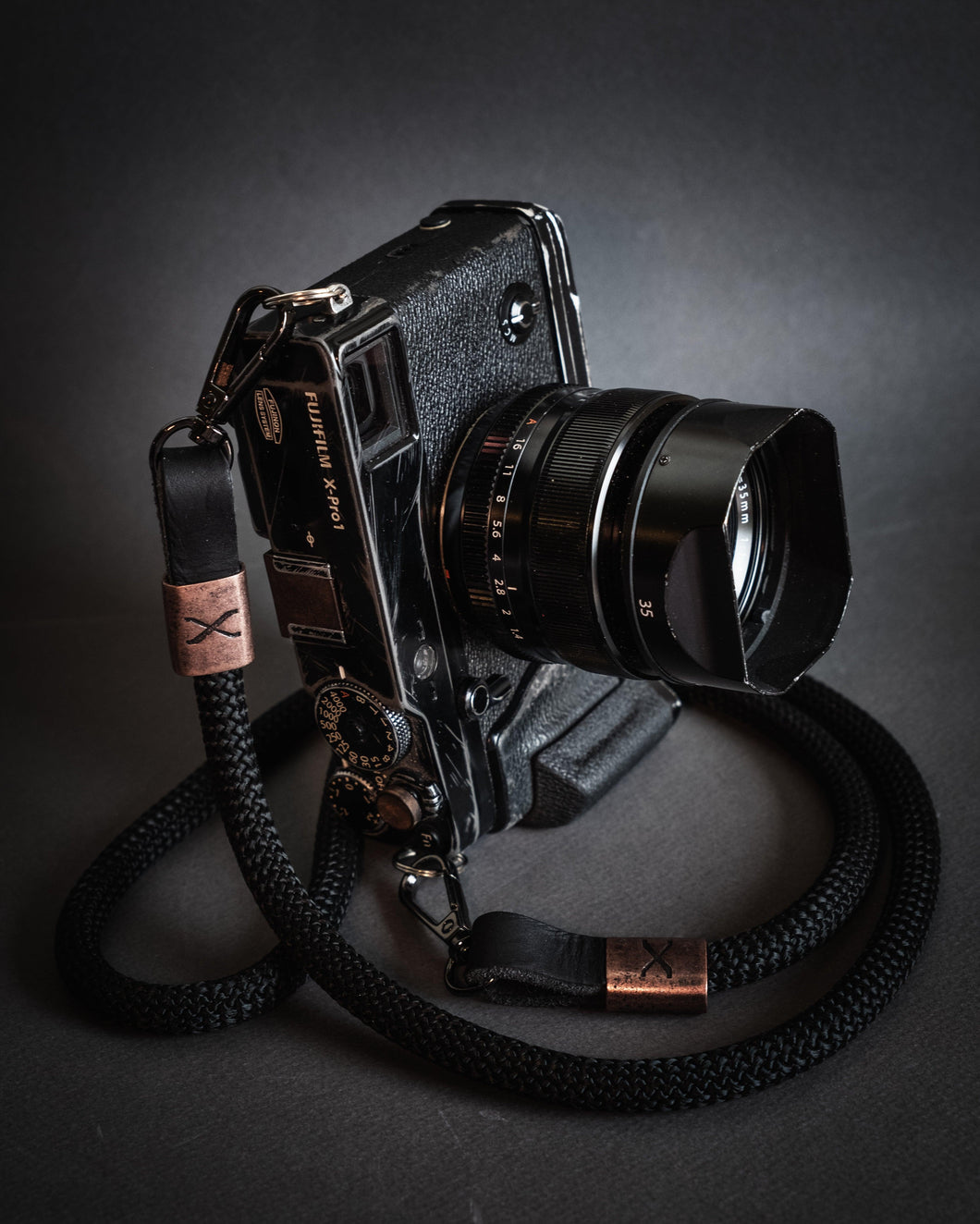 X Copper - Black Rope -Black Leather Camera Strap - Hyperion Handmade Camera Straps