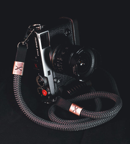 X Copper - Dark Grey Rope -Black Leather Camera Strap - Hyperion Handmade Camera Straps