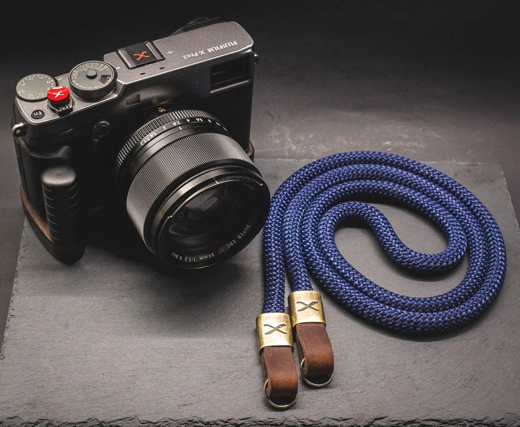 X Dark Blue -Dark Brown Leather Camera Strap - Hyperion Handmade Camera Straps