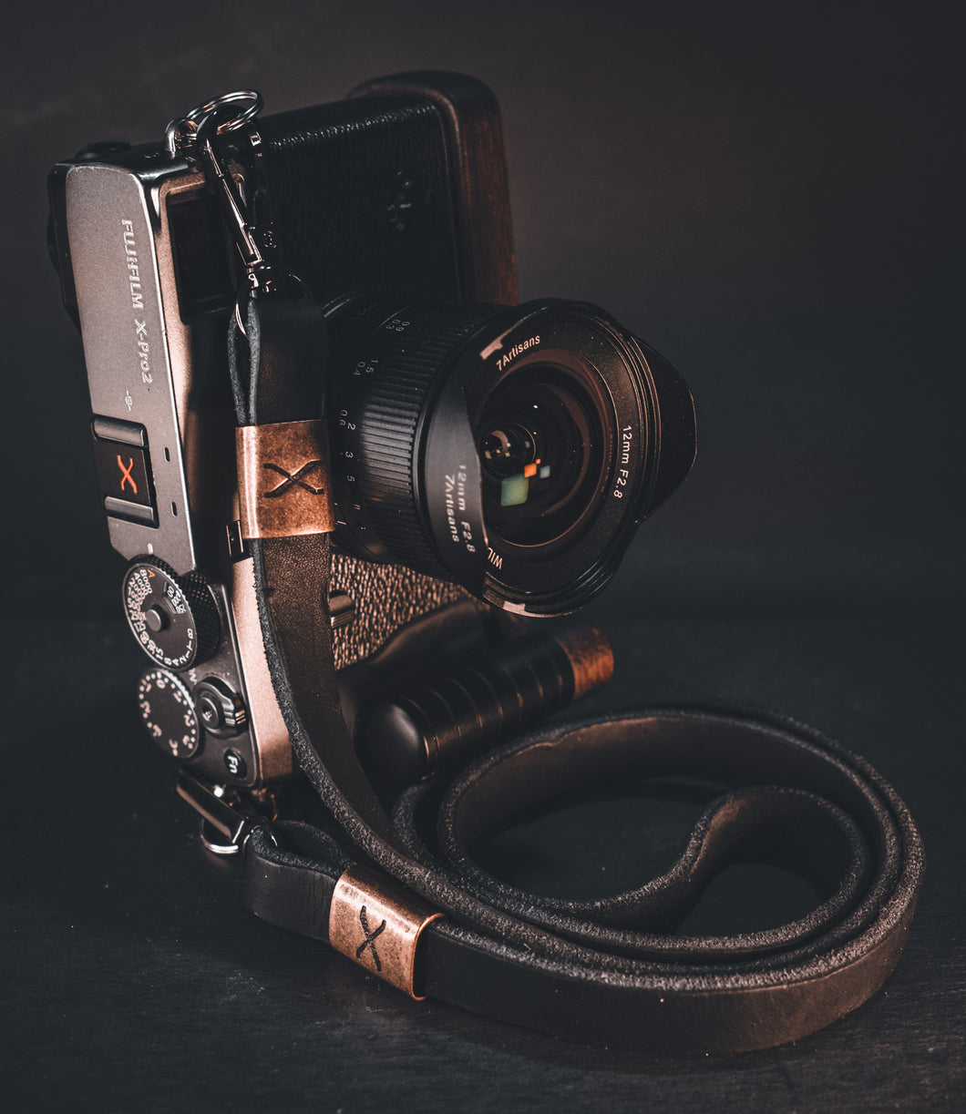 X Leather Camera Strap Black - Copper X 15mm - Hyperion Handmade Camera Straps