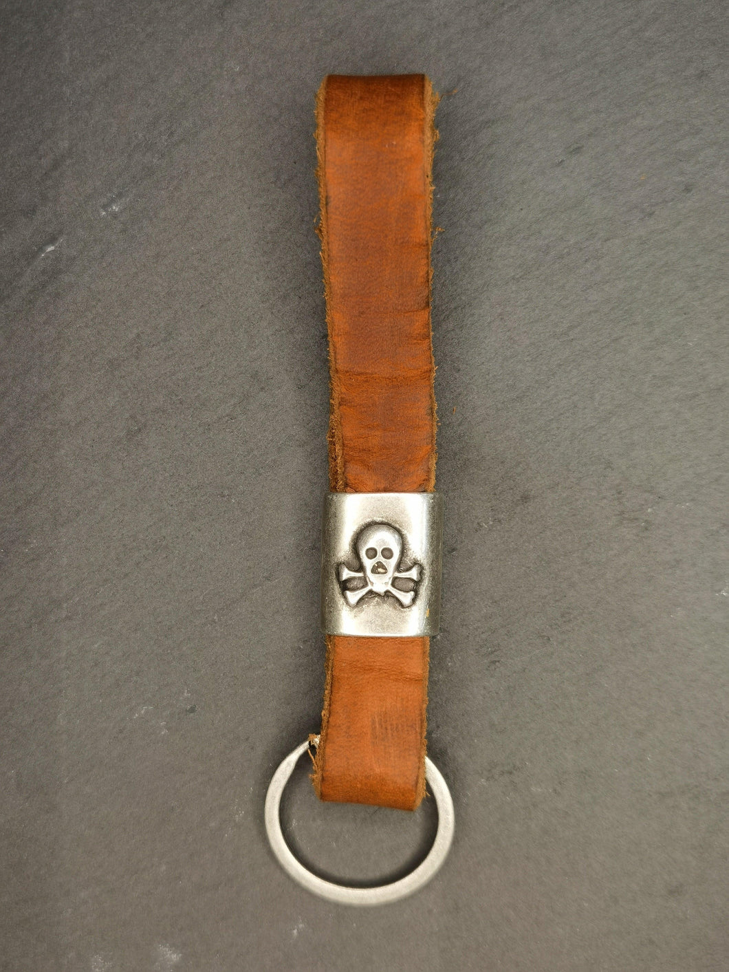 Cognac Leather Skull Keychain - Hyperion Handmade Camera Straps