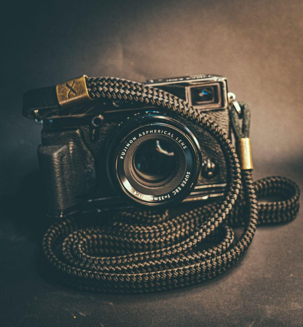 X Black Flat Rope -Black Leather Camera Strap - Bronze X - Hyperion Handmade Camera Straps