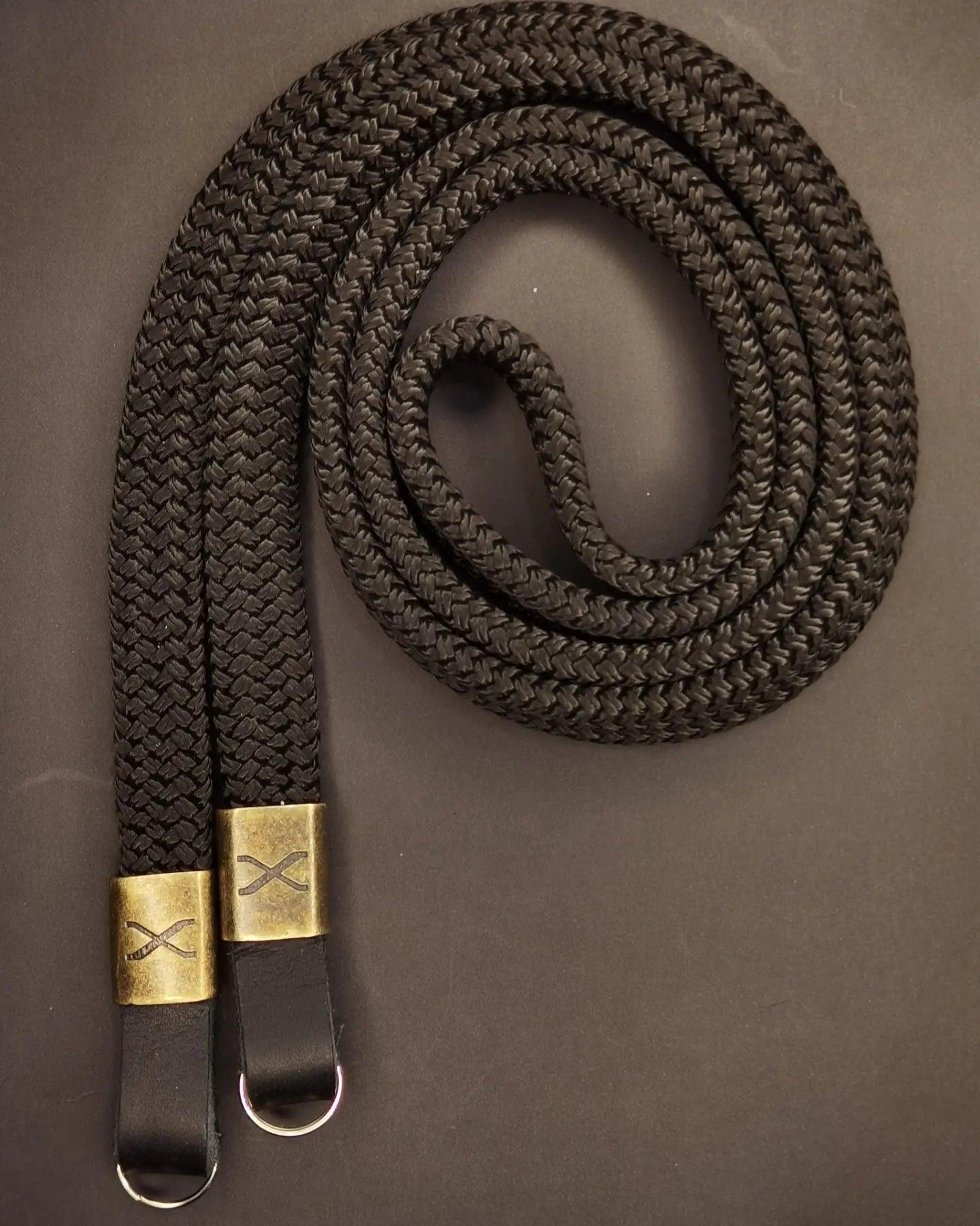 X Black Flat Rope -Black Leather Camera Strap - Bronze X