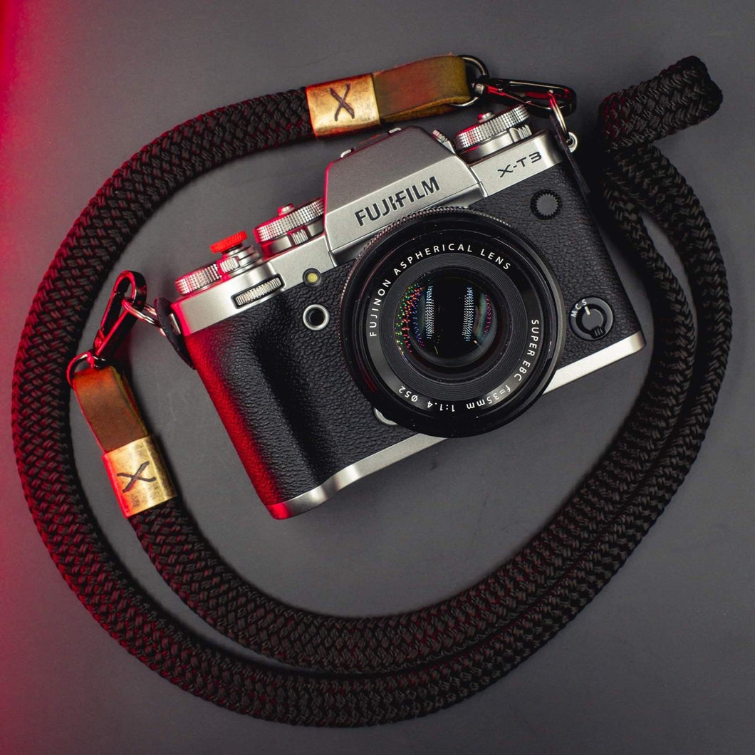 X Black Flat Rope -Brown Leather Camera Strap - Hyperion Handmade Camera Straps