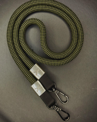 X Checkered Olive/Black Rope -Black Leather Camera Strap - Silver X - Hyperion Handmade Camera Straps