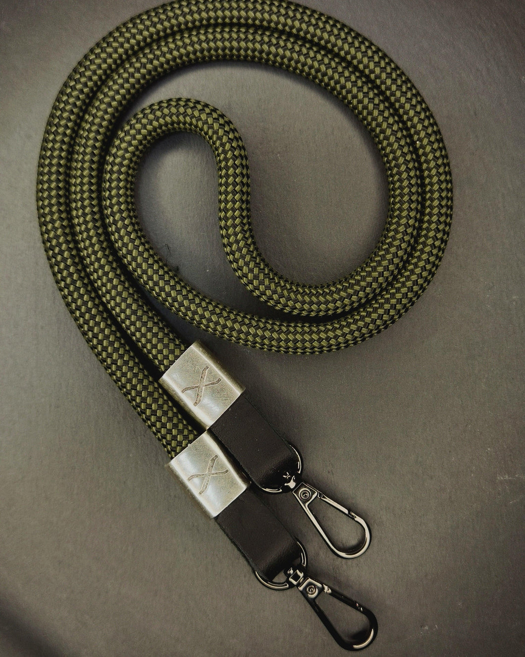 X Checkered Olive/Black Rope -Black Leather Camera Strap - Silver X - Hyperion Handmade Camera Straps