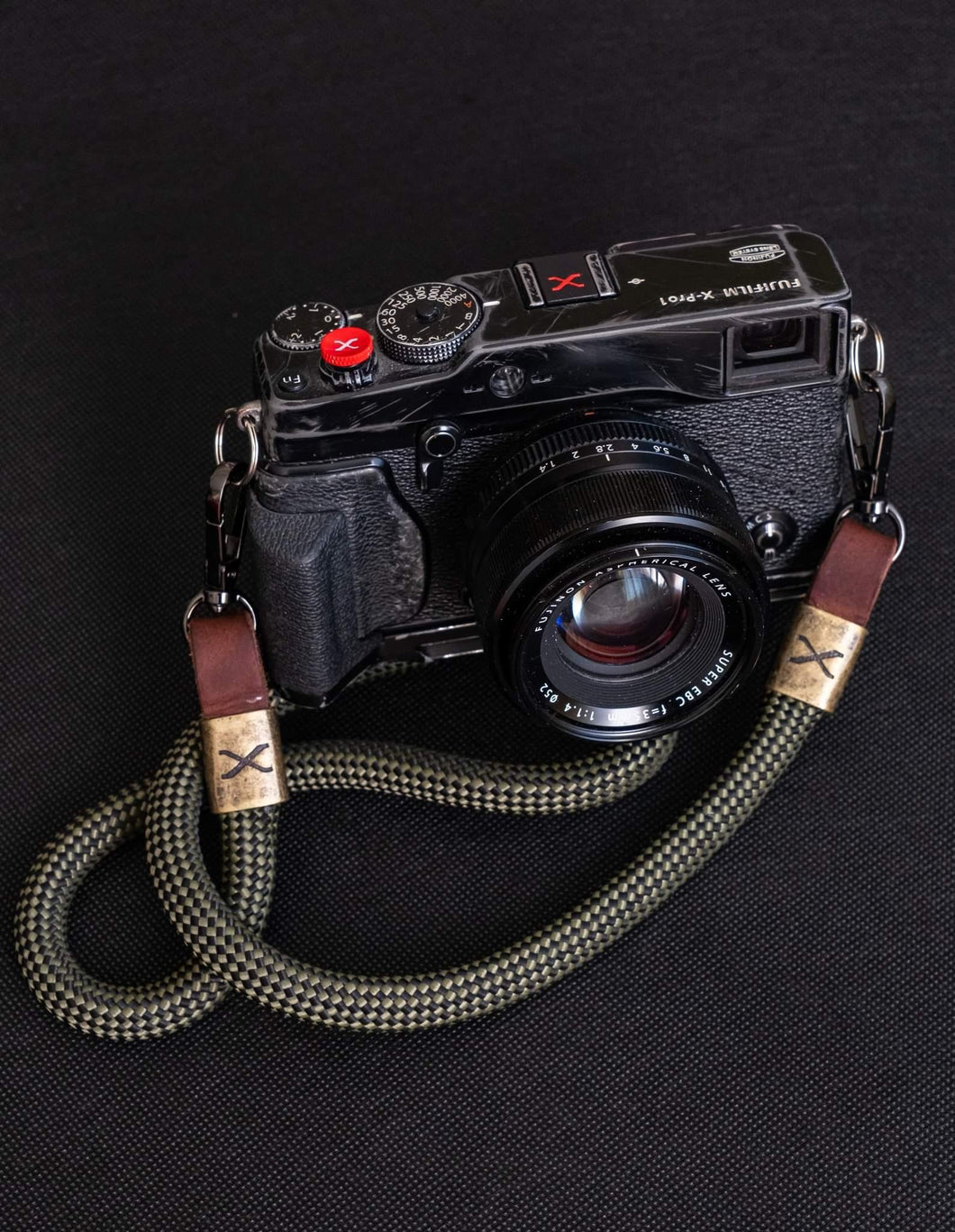 X Checkered Olive/Black Rope -Dark Brown Leather Camera Strap - Bronze X - Hyperion Handmade Camera Straps