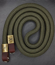 Load image into Gallery viewer, X Checkered Olive/Black Rope -Dark Brown Leather Camera Strap - Bronze X - Hyperion Handmade Camera Straps
