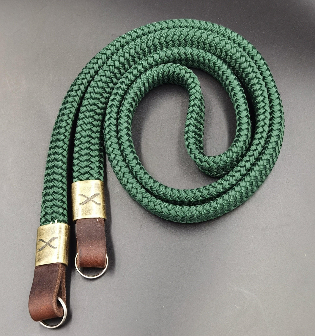 X Forest Green Flat Rope -Dark Brown Leather Camera Strap - Bronze X - Hyperion Handmade Camera Straps