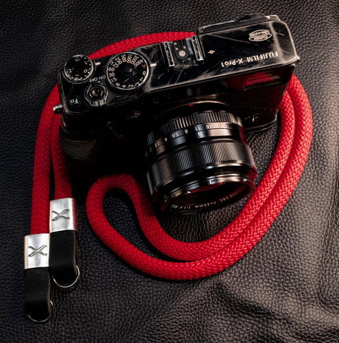X Red Rope - Black Leather Camera Strap - Silver X - Hyperion Handmade Camera Straps