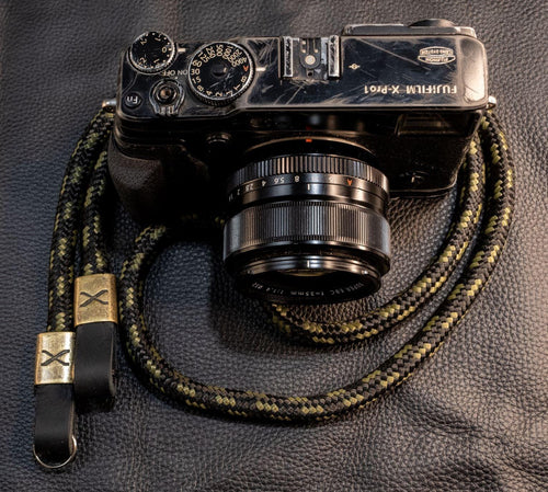 X Snake Olive/Black Rope -Black Leather Camera Strap - Bronze X - Hyperion Handmade Camera Straps
