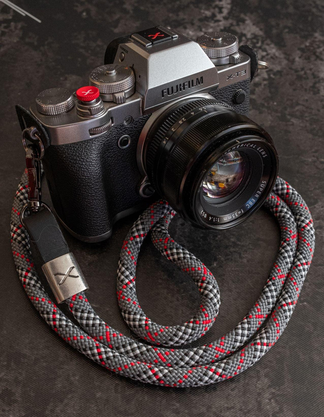 X Tartan Grey - Black Leather Camera Strap - Silver X - Hyperion Handmade Camera Straps